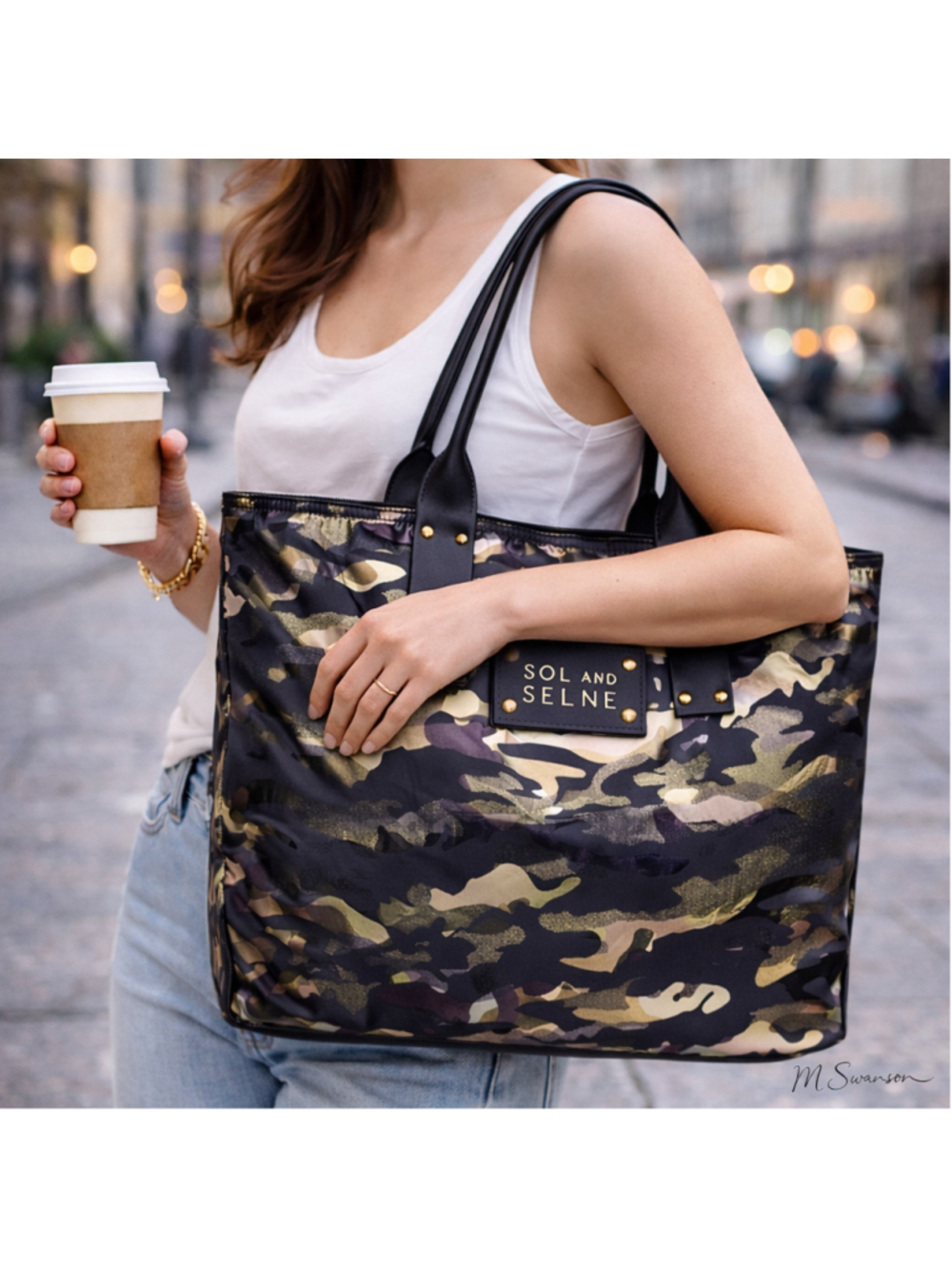 NEW Sol And Selene It Girl Camo Tote Reversible Metallic Black Gold Green NWOT - Picture 16 of 16